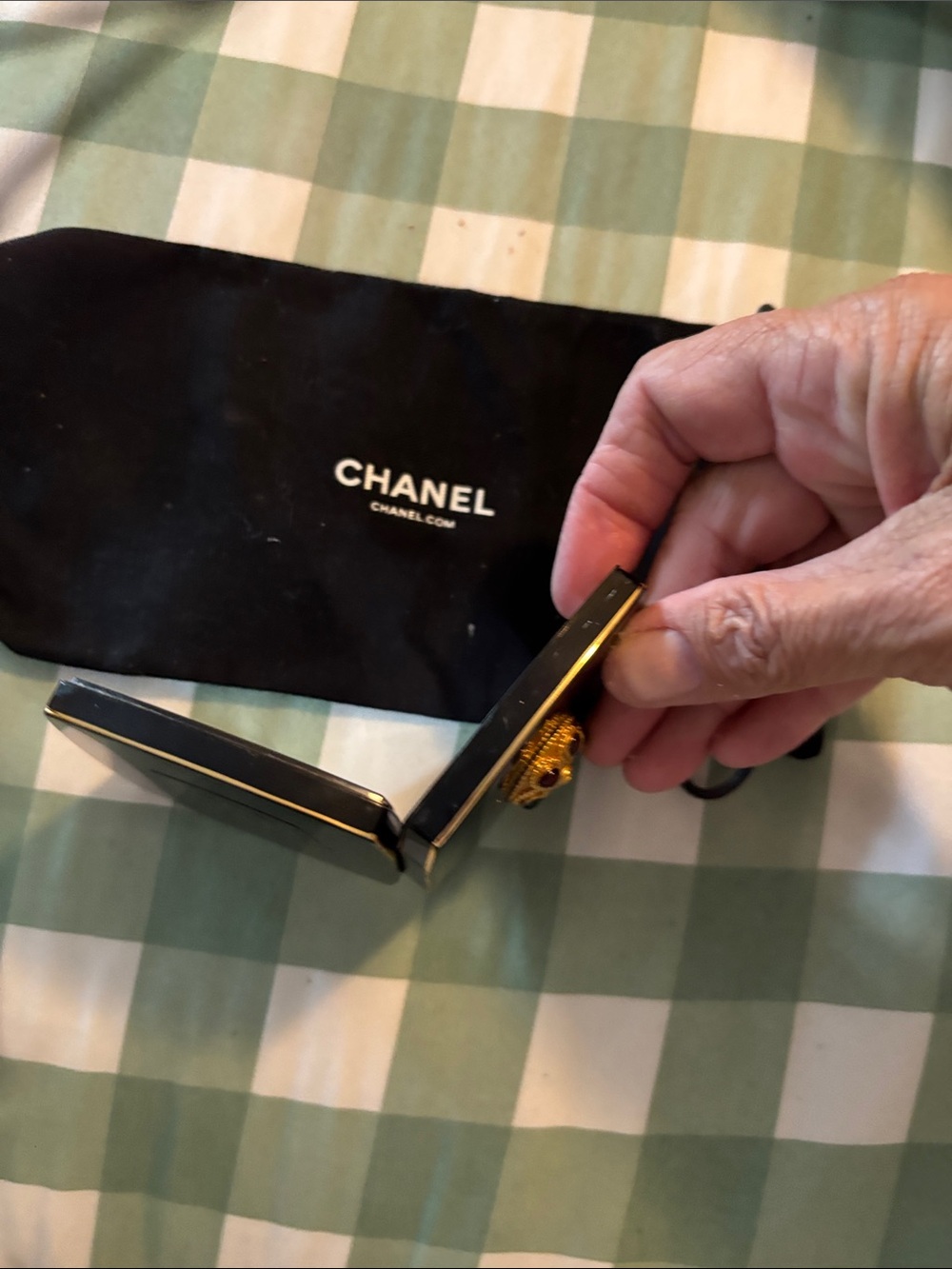 CHANEL Black Compact with Gold Medallion and Multicolor Stones with Storage Bag - Picture 12 of 16